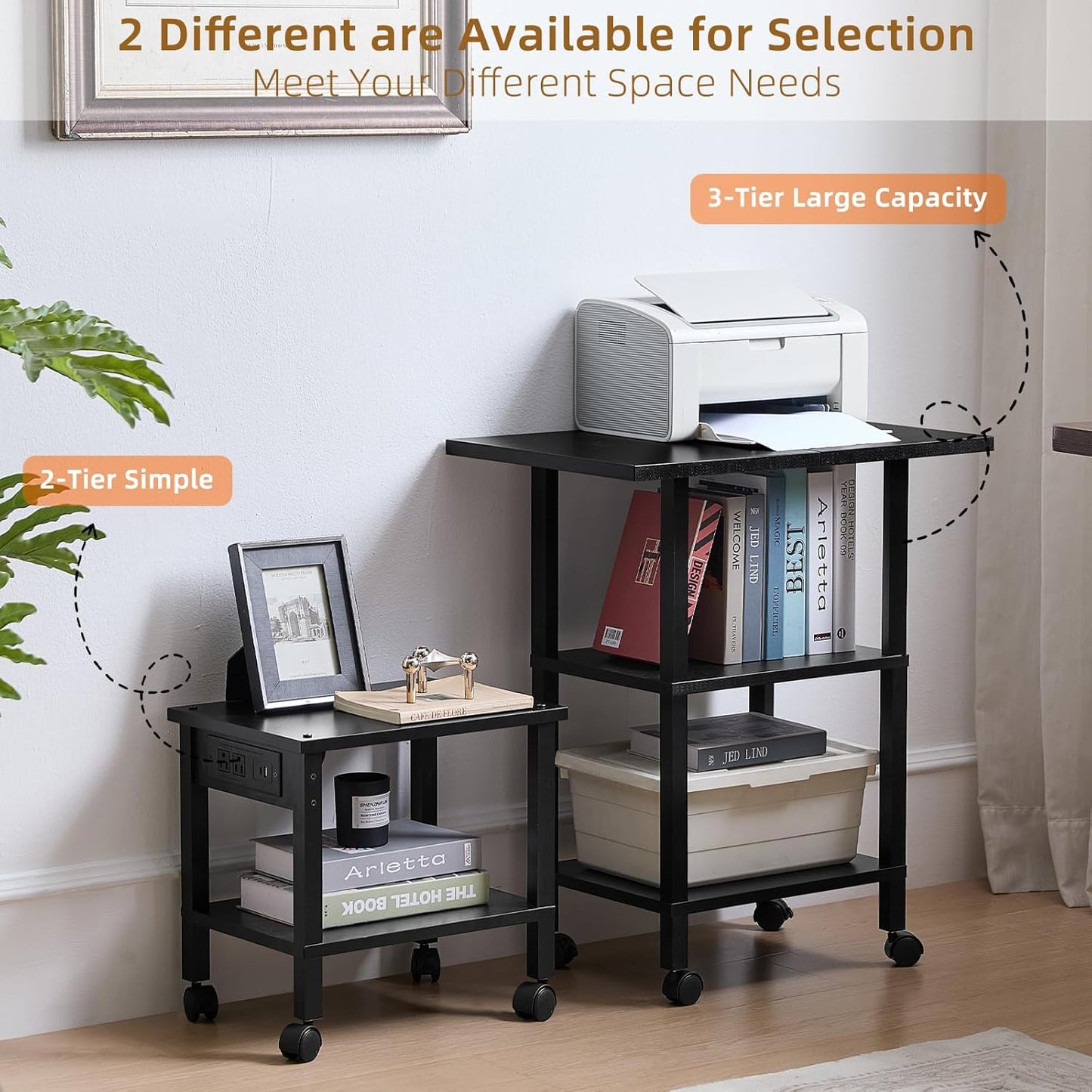 Lerliuo Under Desk Printer Stand with Charging Station, 2 Tier Wooden Small Printer Table with Storage, Rolling Printer Cart Shelf with Lockable Wheels for Home, Office (Black)